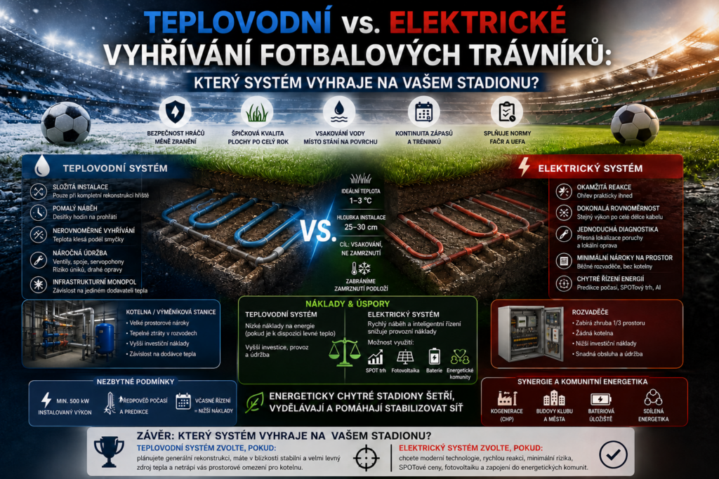 Teplovodní vs. elektrické vyhřívání fotbalových trávníků